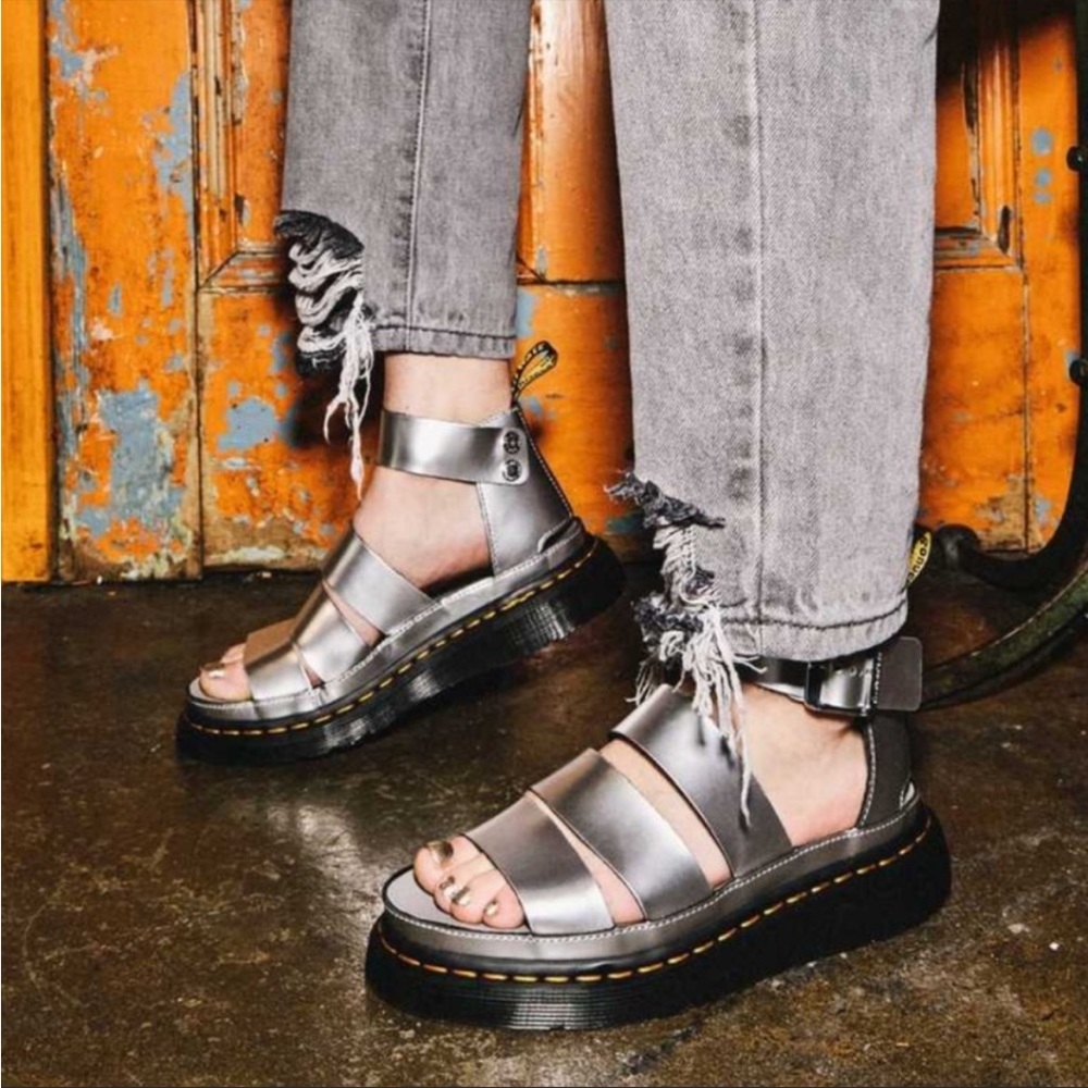 Dr. Martens Clarissa II Silver Metallic Leather Sandals, Size 6, NIB